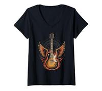 Donna Flaming Guitar With Wings Rock And Roll Power Design Maglietta con Collo a V