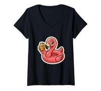 Donna Flamingo mit Drink Maglietta con Collo a V