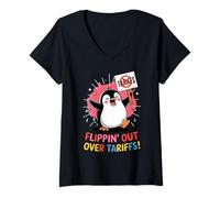Donna Flippin' Out Over Tariffs Divertente Penguin Contro Tariffs Meme Maglietta con Collo a V