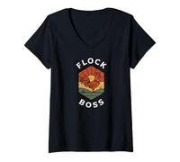Donna Flock Boss Rooster Backyard Chicken Farmer Retro Badge Maglietta con Collo a V