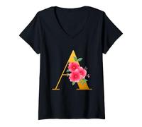 Donna Floral A Alphabet Cute Initial Monogram Letter A Graphic Maglietta con Collo a V