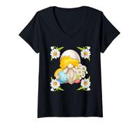 Donna Floral Daisy Flower Design for Women Cute Easter Day GNOME Maglietta con Collo a V