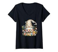 Donna Floral GNOME Easter Flowers Graphic with Cute Butterflies Maglietta con Collo a V
