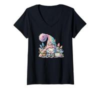Donna Floral Hippie GNOME in Knitting Outfit Women Hello Spring Maglietta con Collo a V