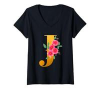 Donna Floral J Alphabet Cute Initial Monogram Letter J Graphic Maglietta con Collo a V