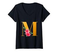 Donna Floral M Alphabet Cute Initial Monogram Letter M Graphic Maglietta con Collo a V