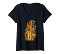 Donna Floral Saxophone Jazz Music Saxophonist Maglietta con Collo a V
