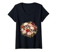 Donna Floral Skull Bouquet Vintage Gothic Botanical Maglietta con Collo a V