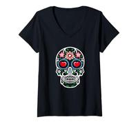 Donna Floral Sugar Skull Heart Eyes Dia De Muertos Gift Maglietta con Collo a V