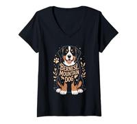 Donna Floral Whimsical Bernese Mountain Dog Berner Maglietta con Collo a V