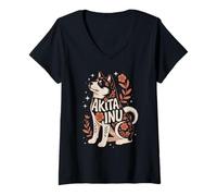 Donna Floral Whimsical Japanese Akita Inu Maglietta con Collo a V