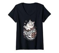 Donna Floral Whimsical Ragdoll Cat Ragdolls Puppy Cats Maglietta con Collo a V