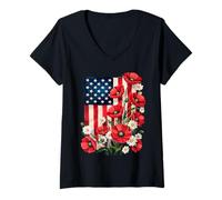 Donna Floreale - Bandiera Americana - Fiore Maglietta con Collo a V