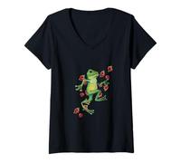 Donna Floreale Froggy Illustrazione Frog Lover Maglietta con Collo a V