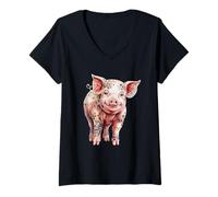 Donna Floreale Piglet Whimsy Farm Animal Art Maglietta con Collo a V