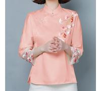 Donna Floreale Ricamo T Camicia Camicetta Pizzo Polsino Etnico Mandarino Collare