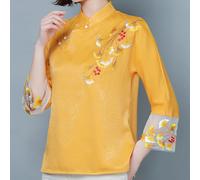 Donna Floreale Ricamo T Camicia Camicetta Pizzo Polsino Etnico Mandarino Collare