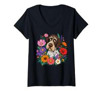Donna Floreale Tedesco Wirehaired Pointer Cane Mamma Vintage Wildflower Maglietta con Collo a V