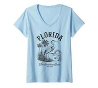 Donna Florida Airone Camicia Vintage Tramonto Scena The Sunshine State Maglietta con Collo a V