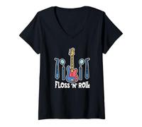 Donna Floss Rock And Roll Dentista Studio Dentistico Umorismo Musica Maglietta con Collo a V