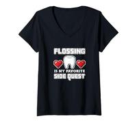 Donna Flossing Side Quest Filo Interdentale Dentista Pixel Art Gamer Maglietta con Collo a V