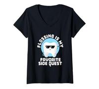 Donna Flossing Side Quest Filo Interdentale Dentista Pixel Art Gamer Maglietta con Collo a V