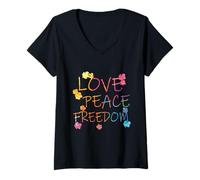 Donna Flower Power - Amore, Pace, libertà Maglietta con Collo a V
