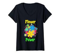 Donna Flower Power - Simpatico Pulcino Anni '70 e '60 Maglietta con Collo a V