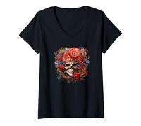 Donna Flower Skull Decor Floral Goth Skull with Red Poppy Flowers Maglietta con Collo a V