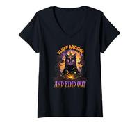 Donna Fluff Around And Find out. Cat Humor Sarcasm Funny Halloween Maglietta con Collo a V
