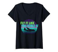 Donna Fly It Like You Stole It Pilota Aviazione Retro Tramonto Maglietta con Collo a V