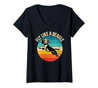 Donna Fly Like A Beagle Vintage Retro Maglietta con Collo a V