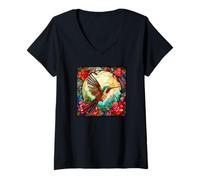 Donna Flying Hummingbird with Colorful Feathers Cute Wild Flower Maglietta con Collo a V