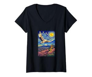 Donna Flying Japanese Red Crowned Crane in The Starry Night Paint Maglietta con Collo a V