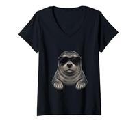 Donna Foca con Occhiali da Sole Animale Divertente Maglietta con Collo a V