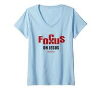 Donna Focus on Jesus - Christian Faith Inspirational Reminder Maglietta con Collo a V