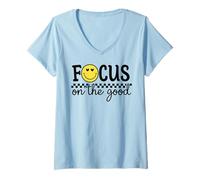Donna Focus On The Good Happy Face Positivo Minimalista Retro Maglietta con Collo a V