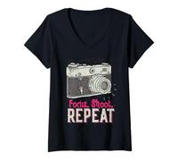 Donna Focus Shoot Repeat Photography Photographer Camera Vintage Maglietta con Collo a V