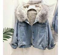 Donna Fodera Pile Jeans Cappotto Giacca Spesso con Cappuccio Simil Pelo Colletto