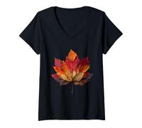 Donna Foglie d'Acero Autunnali Artistiche Fogliame Arte Autunno Maglietta con Collo a V
