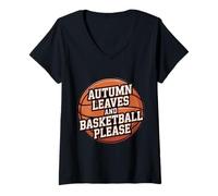 Donna Foglie d'Autunno e Basket Please Fall Amante Giocatore Fan Maglietta con Collo a V
