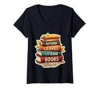Donna Foglie d'Autunno e buoni Libri per Favore Topo di Biblioteca Autunno Amante Maglietta con Collo a V