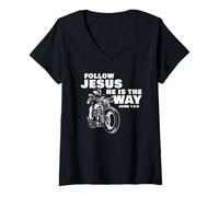 Donna Follow Jesus He is The Way Christian Motorcycle Gospel Biker Maglietta con Collo a V