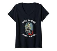Donna Forced to Work Funny Biker Skeleton Maglietta con Collo a V