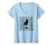 Donna Forestcore Ghost Linocut Print - Folklore e magia della Natura Maglietta con Collo a V