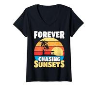 Donna Forever Chasing Sunsets Vacanze al Mare dal Design Estivo retrò Maglietta con Collo a V