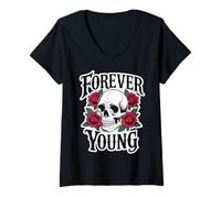 Donna Forever Young X Scheletro Skull Rose per Sempre Giovani. Maglietta con Collo a V