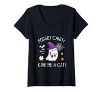 Donna Forget Candy Give Me A Cat - Divertente Fantasma Boo con in Mano Un Gatto Nero Maglietta con Collo a V