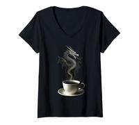 Donna Forma del Drago Che Sale dal Vapore della Tazza di caffè Maglietta con Collo a V