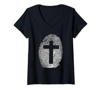 Donna Formata nella Sua Immagine di Gesù Croce Thumbprint Art Maglietta con Collo a V